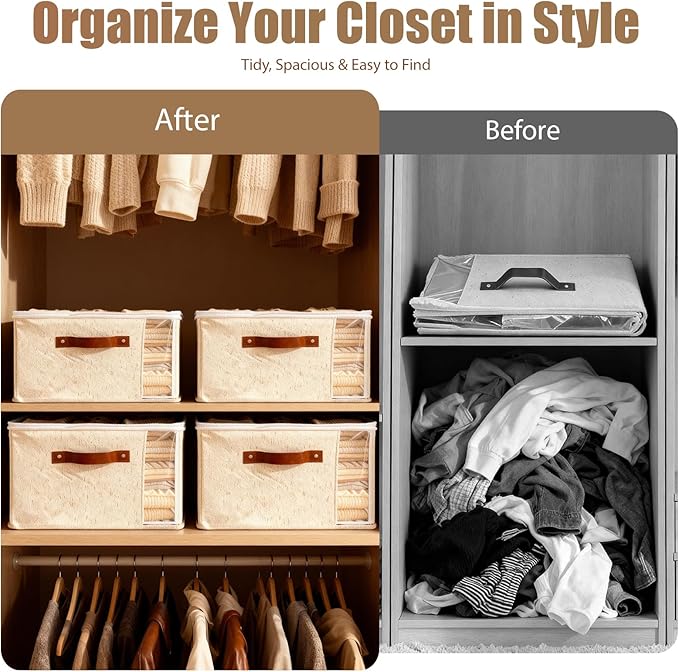2 Pack Large Fabric Storage Baskets for Shelves, Basket Organizers and storage Bins with Handles for Home Organizing, Beige Decorative Collapsible Baskets for Clothes, Toys, and Blankets