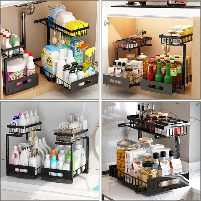 Under Sink Organizer, Adjustable Shelves, 2 Pack Pull Out Cabinet Organizer Slide Out Sink Shelf Cabinet Storage Shelves, Under Sink Storage for Kitchen Bathroom Cabinet