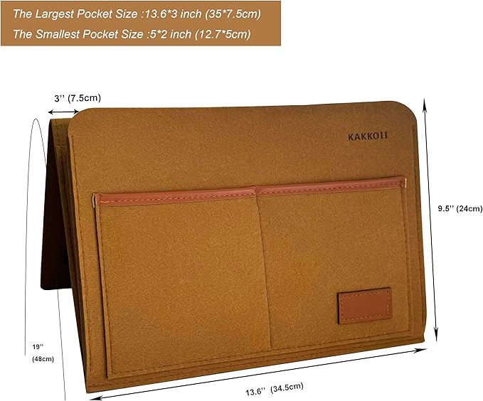 KAKKOII Bedside Caddy, Sofa Caddy, Storage Organizer Pocket for Dorm, Bedroom, 5 Pockets Felt Organizer for Magazine, Remote, Phone, Tablet, Pad, Glasses, Pen, Remote Control (Brown-Short)