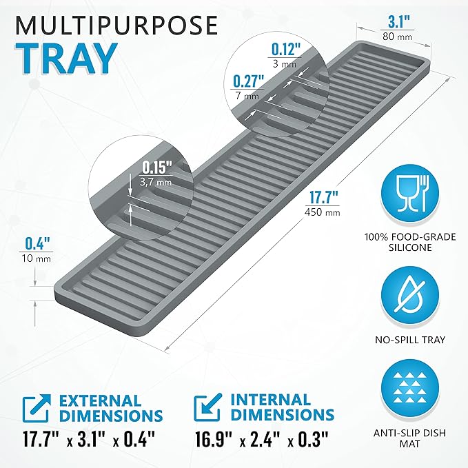ZAPPOWARE Kitchen Sink Narrow Silicone Holder Tray 17.7"x3.1", Vanity & Bathroom Organizer, Gray