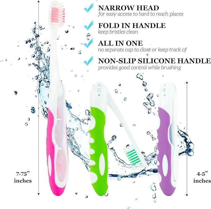 Lingito Folding Toothbrush, Built-in Cover, Travel Size for Hiking, Camping, Traveling - 3 Pack Soft-Multicolor