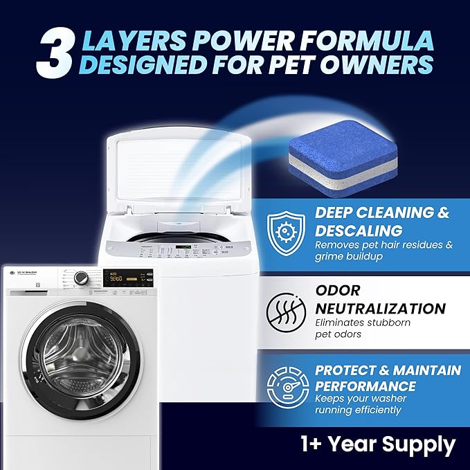 Washing Machine Cleaner Pro Tablets for Pet Owners - 28 Pack, Front & Top Load Washer Deep Cleaning, Septic Tank Safe, HE Support, Remove Stubborn Pet Hair, Eliminates Smells, Prevents Dander Build-up