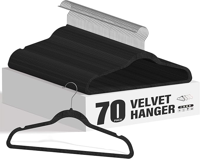 HealSmart Velvet Hangers 70 Pack, Space Saving Clothes Hangers for Closet, Non-Slip Heavy Duty Coat Hangers for Pants, Shirt, Sweater, Suit & Dress Clothing with 360° Swivel Hook, Black