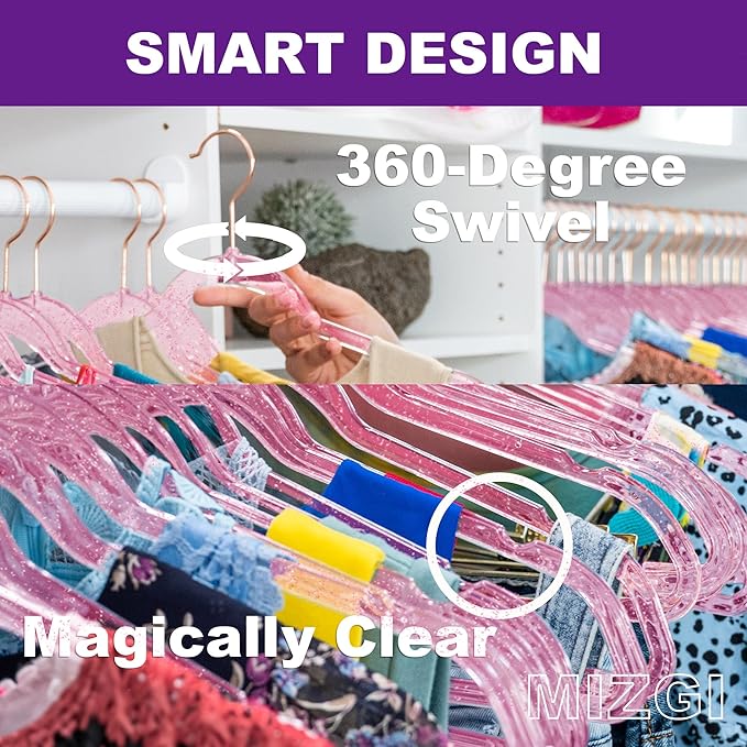 MIZGI Slim Rose Gold Glitter Pants & Skirt Hangers (20 Pack) - Adjustable Rose Gold Clips & Hooks, Pink Transparent Non-Felt, Space-Saving for Dresses, Shirts, Blouses
