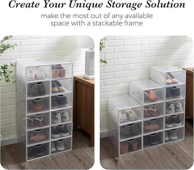 Simplify Set of 12 Stackable Shoe Boxes | Customizable | Fits Size 11 Shoes | Drop Front Design | Closet Storage | Sneakers | Heels | Clear and White