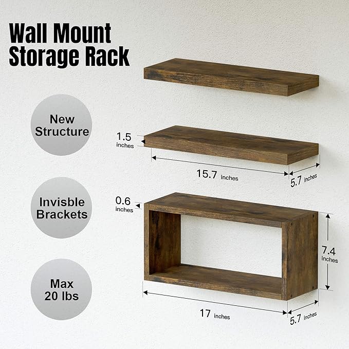 RICHER HOUSE Floating Shelves Set of 3, Modern Bathroom Shelves Wall Mounted Shelves with Invisible Brackets Over Toilet, Rustic Wall Shelves for Bathroom Bedroom, Living Room, Kitchen - Brown