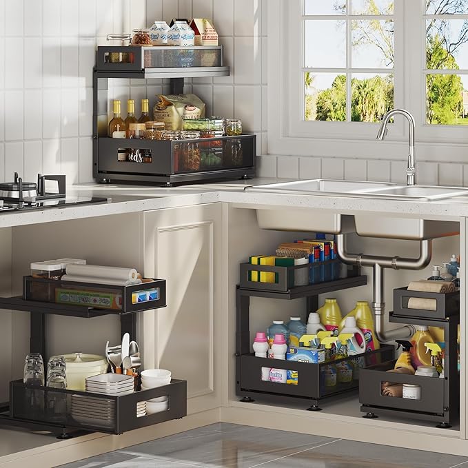 Corbyles 2 Pack Under Sink Organizer with Next-Gen Ball-Bearing Slides,2-Tier Pull Out Cabinet Storage,Height Adjustable Drawer Shelf for Bathroom,Kitchen,Laundry,Cabinet,Pantry(Patent Pending)
