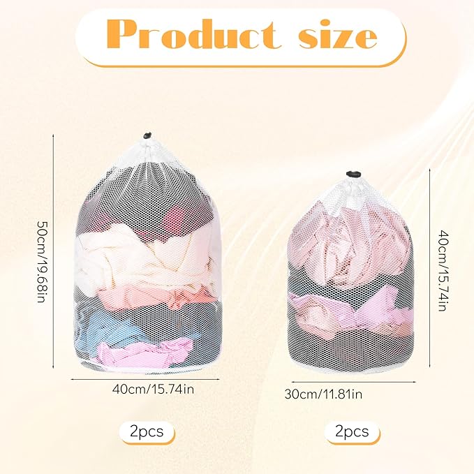 Mesh Laundry Bags, 4 Pcs Heavy Duty Laundry Washing Bags for Dirty Clothes Net Bag with Drawstring Garment Bag for Washing Machine for College Dorm, Apartment, Laundromats, Travel, White