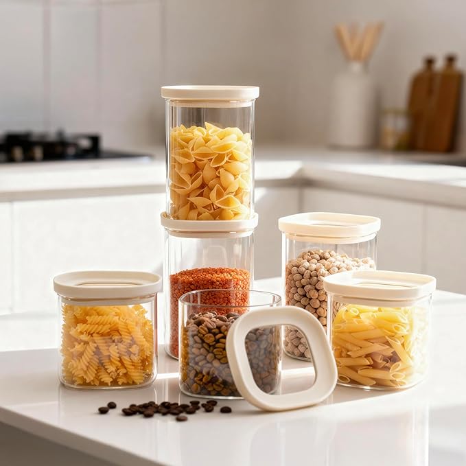 Urban Green Glass Food Storage Jar with Glass Lid in Square Shape, Food Canister Set with Airtight Lids, Pantry Jars for Kitchen Organization, Food Storage Containers in Set of 6