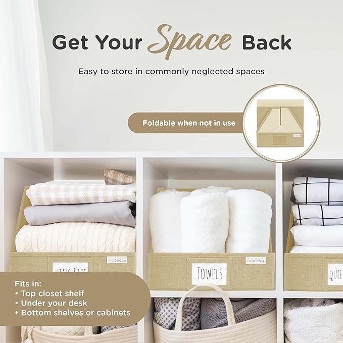VIVIDECOR Trapezoid Storage Bins – 3-Pack Closet Shelf Organizer & Baskets, Open Front Bin for Shelves, Foldable Fabric Basket for Clothes, Cube Storage Bins, Towel, Clothing Shelf (Beige, 3 Pack)