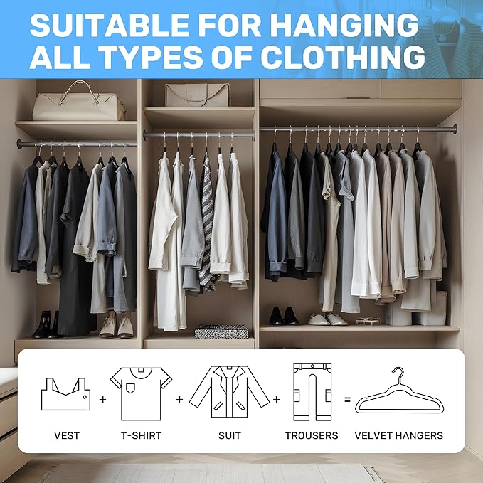 Simple Deluxe 70 Pack Velvet Hangers, Non-Slip Felt Hangers with Shoulder Notches, Space Saving Heavy Duty Clothes Hangers for Coat, Pants, Suit, Sweater, Black
