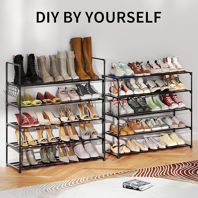 HOMICKER Metal Shoe Organizer,6 Tiers Shoe Storage Shoe Rack with Hooks,Fit 24-30 Pairs,Adjustable Shoe Shelf for Entryway,Hallway,Bedroom,Metal Bottom Support