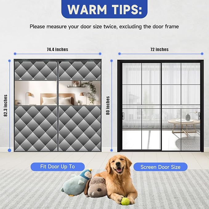 Magnetic Thermal Insulated Door Curtain with Detachable Visible Windows, Thicken Polyester Fiberfill & Durable Oxford Fabric, Hands Free Windproof Door Screen, Fit Doors Size Up to 72 x 80 Inch, Grey
