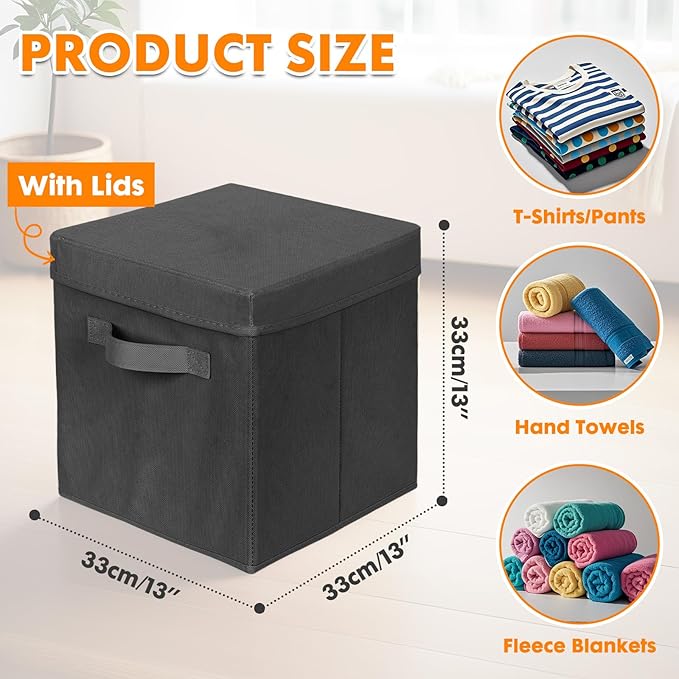 ShellKingdom Storage Bins, Foldable Fabric Storage Cubes with Lid, Clothes Storage Organizer Drawer For Closet Toys Storage, 13 X 13 X 13 INCH, 2 Pack (Black)