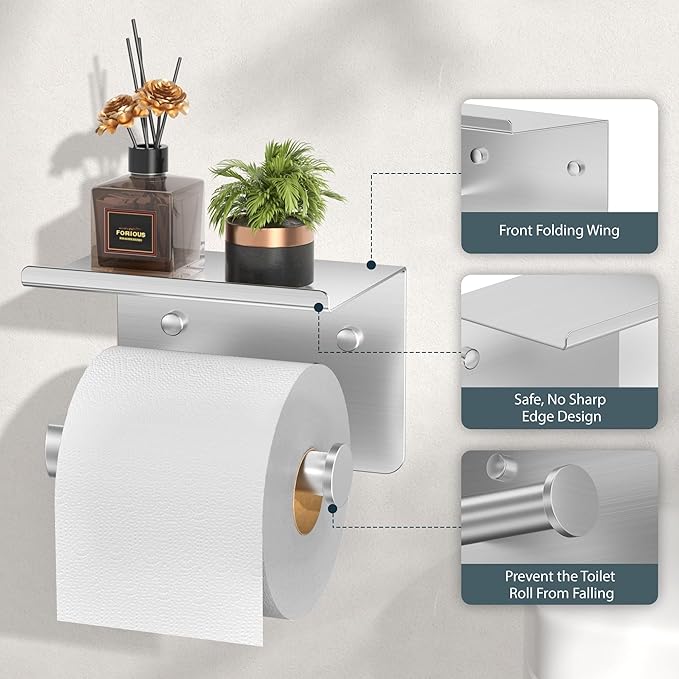 FORIOUS Toilet Paper Holder with Shelf, Adhesive or Screw Wall Mount Toilet Roll Holder for Bathroom, Rustproof 304 Stainless Steel Commercial Toilet Tissue Holder with Storage, Brushed Nickel
