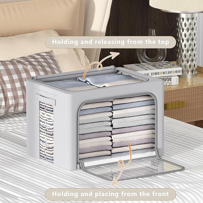 CYhom 3Pack Frame Storage Box - Clothes Storage Bin Bags Oxford Fabric Foldable Stackable Container Organizer Set with Clear Window & Carry Handles (Grey, X-Small-36L)