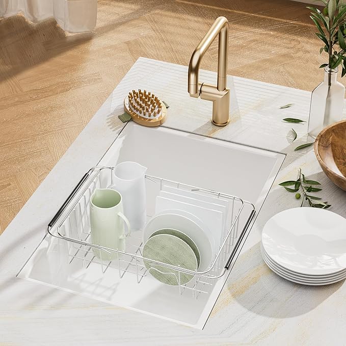 JAQ Dish Drainer in Sink Adjustable 14.96" to 22.44", Expandable 304 Stainless Steel Metal Dish Drying Rack Organizer with Stainless Steel Utensil Holder Over Inside Sink Counter