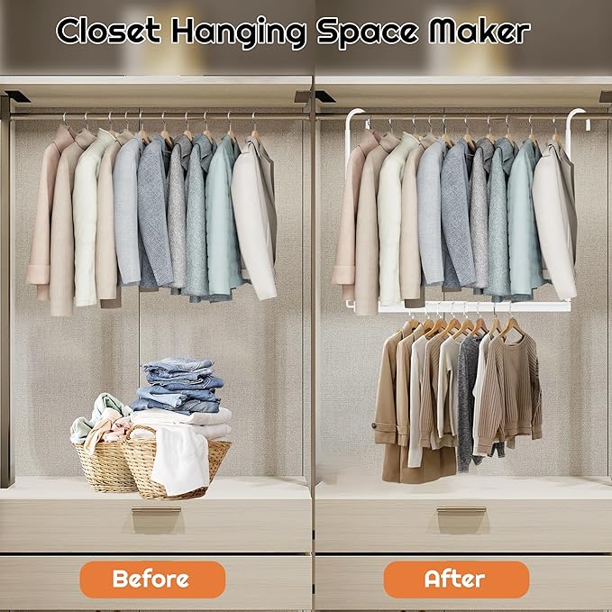 Hanging Closet Rod Adjustable Width Height Closet Rod For Hanging Clothes White 1 Pack Closet Extender Hanging Rod Clothes Space-Saving Hanging Bar Organizer