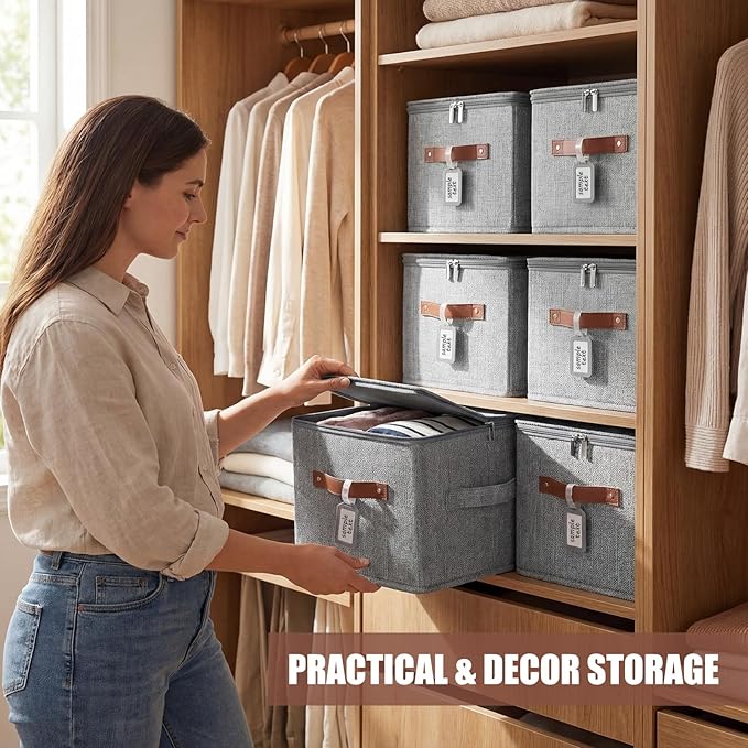 Fiwochic 6 Pack Fabric Storage Bins with Lids, 10x8x7Inch Foldable Cotton Linen Storage Boxes with PU Leather Handles and Label Holders for Closet, Bedroom, Shelf, Nursery, Gray