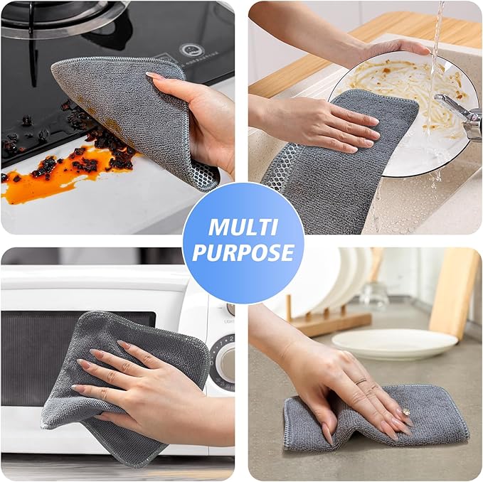 KinHwa Kitchen Washcloths for Dishes Absorbent Microfiber Dish Cloths Quick Dry Dish Rags with Poly Scour Scrub Side Ideal for Kitchen Cleaning (Gray, 7inchx7inch 18 Pack)