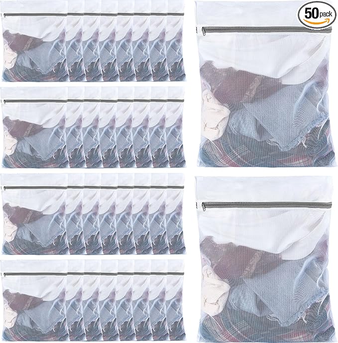 Nuenen 50 Pcs Mesh Laundry Wash Bags with Zipper Machine Washable Lingerie Bags for Washing Delicates Clothes Garment Underwear Blouse Hosiery Socks Travel (16 x 20 Inches,Gray)