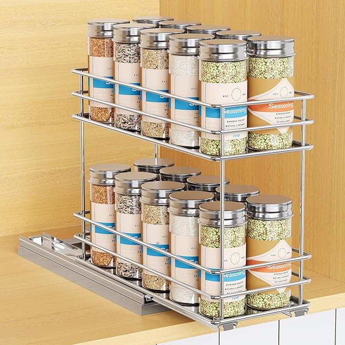 Pull Out Spice Rack Organizer for Cabinet, Slide Out Spice Racks, Easy to Install, 4.33" Wx10.43 Dx8.66 H, 1 Drawer 2 Tiers(Silver)