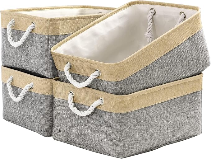 Sacyic Organization and Storage Basket for Organizing - Large 4 Pack 16x12x8 inch Collapsible Baskets for Shelves Fabric Storage Cube, Storage Bins for Laundry Cloth Books Gift (Gold & Grey)
