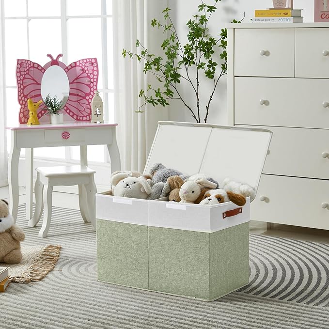Large Toy Storage Box with Lids, Collapsible Sturdy Baby Storage Organizer Chest Bin Basket for Kids, Boys, Girls, Playroom, Nursery, Bedroom, Closet 25"x13"x16" (Green and White)