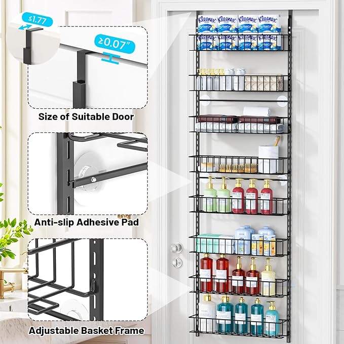 8-Tier Pantry Door Oragnizer, Over The Door Pantry Organizer Rack and Storage, Hanging Spice Rack Shelves Door, Home Office Laundry Room Bathroom & Kitchen Organization Essentials Metal