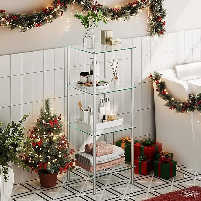 HOOBRO Glass Shelf, 4 Tier Bathroom Standing Shelf Unit, Tempered Glass Shelving Stand for Small Space, Perfume Stand Organizer, Space-Saving, for Bathroom, Bedroom, Steel Frame, Silver SV04CJ01