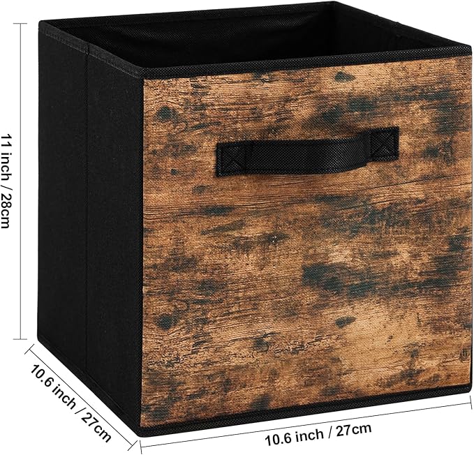 Stero Fabric Storage Cubes, 6 Pack Foldable Storage Bins with Handle, 11 Inch Box for Shelves, Closet, Organizer, Rustic Brown and Black