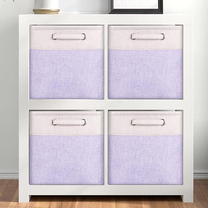 Fabric Cube Storage Bins Foldable Storage Boxes Light Purple and Silver Khaki Patchwork Storage Baskets Cubes Storage Bins with Handle Cube Inserts Storage 13x13x13 cube organizer bin Pack of 3