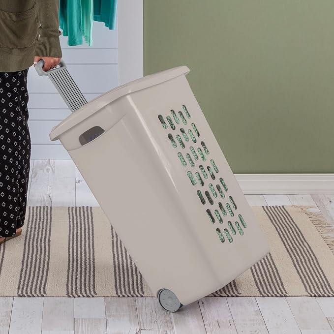 Sterilite 3-Pack Ultra Wheeled Hamper, Plastic Rolling Laundry Basket, Gray Pumice - Portable Clothes Carrier with Flip-Top Lid and Retractable Handle for Home, Apartment, and Dorm