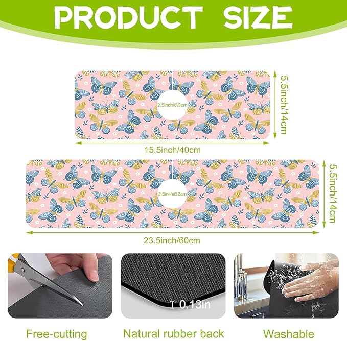 Kitchen Sink Splash Guard Faucet Mat Super Absorbent Fast Drying Mat Guard Behind Faucet Drip Catcher for Kitchen Bathroom (Butterflies and Chamomile, 23.5"X5.5")
