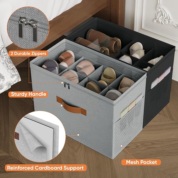 2 Pack Shoe Organizer for Closet,Foldable Shoe Storage Organizer with Adjustable Dividers, Shoe Storage Box with Clear Cover, Fits up to 16 Pairs,Black & Gray