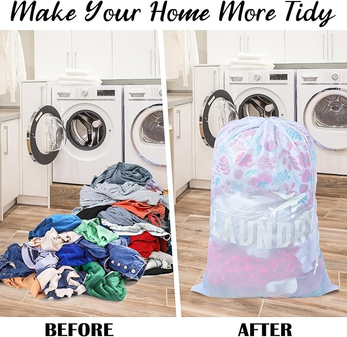 2 Pack Large Mesh Laundry Bag, Heavy Duty Laundry Bags with Drawstring, Laundry Hamper Liner, Machine Washable, for Travel, Storage, Sports, Dorms and Apartment Dwellers, 24 x 36 Inches (Pink+White)