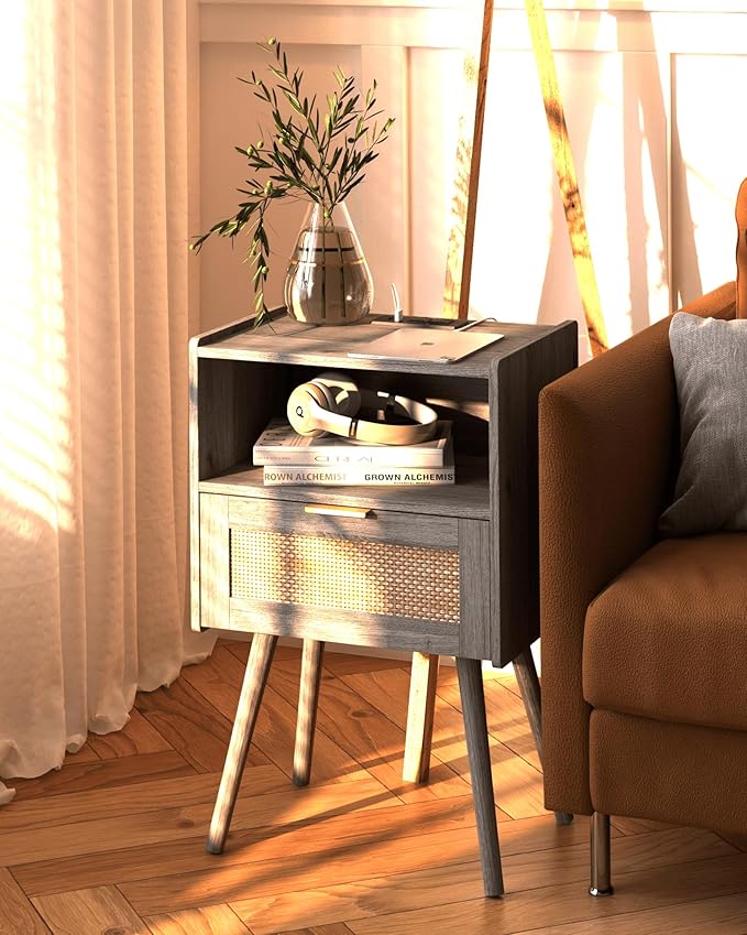 Veegle Rattan Nightstand with Outlet,Modern Bedside Table with Storage Drawer and Open Wood Shelf, for Living Room, Bedroom and Small Spaces, Accent Night Stand with Solid Wood Legs,Grey Oak