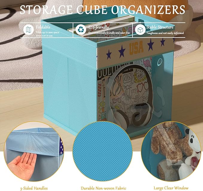 homyfort 11x11 Inch Storage Cube Bins, Fabric Cube Storage Organizer Baskets Box with Handles for Organizing Clothes, Toys, in Pantry, Closet Shelf, Nursery, Kids Room (Blue)