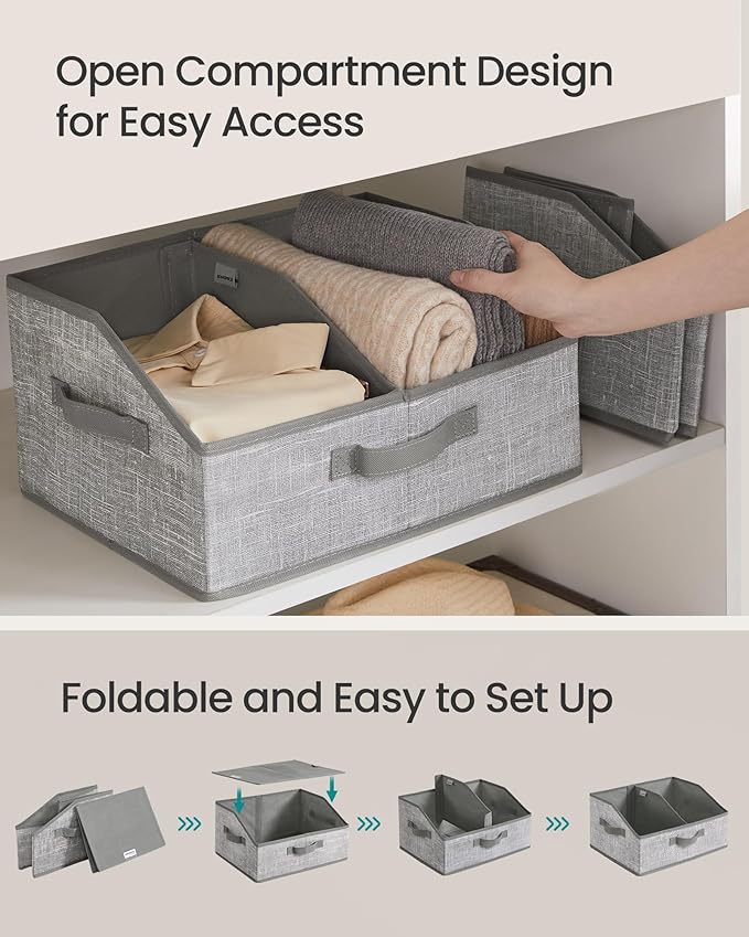 SONGMICS Set of 6 Storage Baskets, Foldable Storage Bins with Removable Dividers, Fabric Boxes, 15.7 x 11.8 x 7.9 Inches, Closet Organizers, 3 Handles, for Living Room, Cattail Gray URFB0140G01