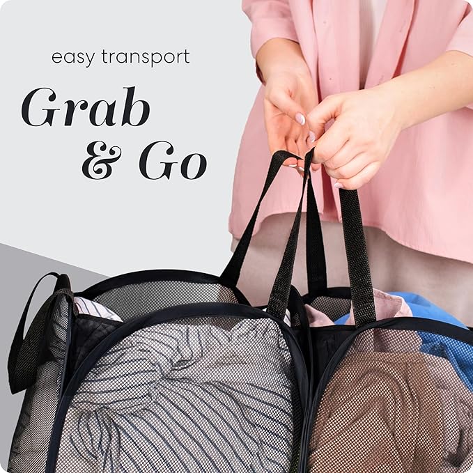 Handy Laundry Mesh Popup Hamper - Two Compartments, Collapsible for Storage and Easy to Open. Folding Pop-Up Clothes are Great for The Kids Room, College Dorm or Travel. (Black)