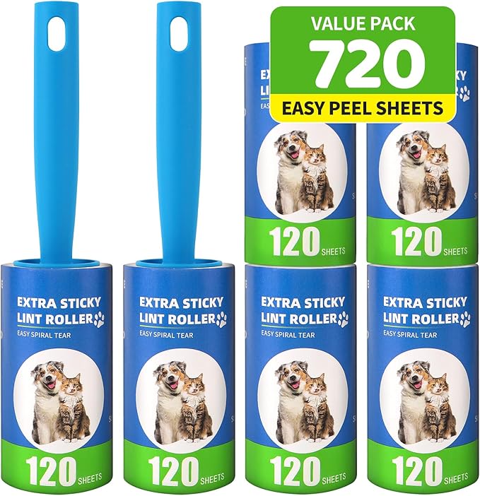Bartuke Extra Sticky Lint Roller Refills 6 Pack (720 Sheets) fit 3.8"-4" Standard Size Lint Roller Sticker with Handle, Inner Diameter at 1.5" for Pet Hair, Clothes, Furniture, Cars