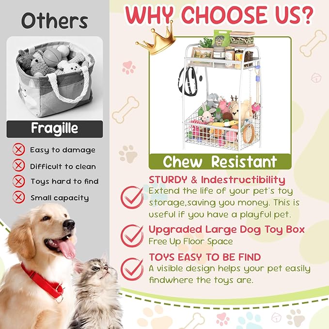 Indestructible Medium Dog Toy basket, Toy Box for Dogs,Pet Toys Bin Dog Metal Wire Basket for Toys, Food Storage, Storage Organizer Chest Storage, Toy Box for Living Room Area (White)