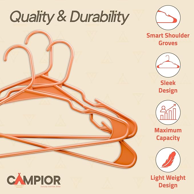 Plastic Clothes Hangers – Heavy Duty Hanger Set, for Organizing Clothes, Dresses, and Coat, Holds Up to 5 lbs, Space-Saving Hangers with Non-Slip Shoulder Grooves, Pack of 5, Orange