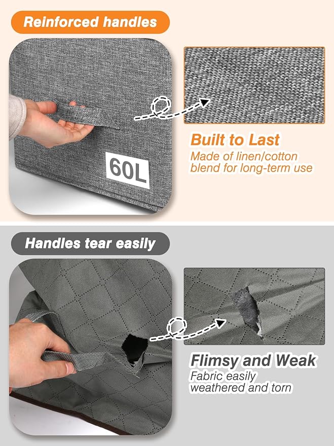boailydi 60L Blanket/Comforter Storage Bag w/Rigid Side & Bottom Support, Stackable Clothes Storage Bin for Sweaters Bedding Sets Quilts Pillows, Closet Organizer, 21.7x14.2x11.8in, 2 Pack, Gray