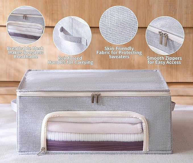 Beveetio 2-Pack Cashmere Sweater Storage Bags with Natural Cedar Blocks, Breathable Clothes Storage Bag with Mesh Window & Handles, Foldable Closet Garment Storage for Cashmere, Wool & Knitwear