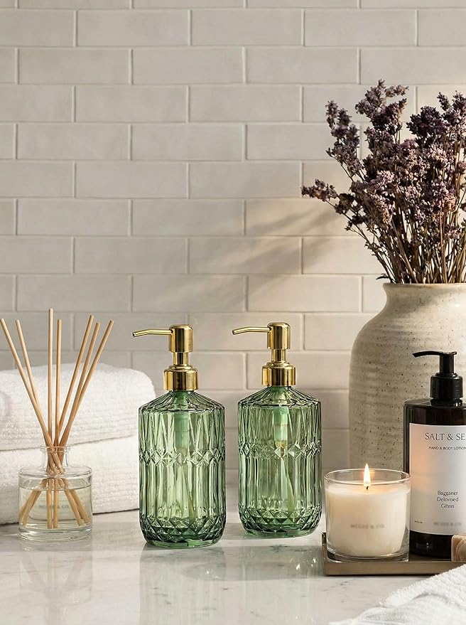 JASAI 2Pack 18Oz Green Glass Soap Dispenser with Gold Rust Proof Pump, Refillable Dish Soap Dispenser for Kitchen, Bathroom Soap Dispenser for Hand soap, Lotion, Body Wash, Dish Soap.
