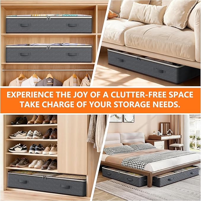 90L Under Bed Storage Containers,2-Pack Closet Organizers and Storage Bins,for Organization and Storage Clothes, Shoes, Blankets & Pillows,Visible Transparent Top Storage Bins with Lids, Grey