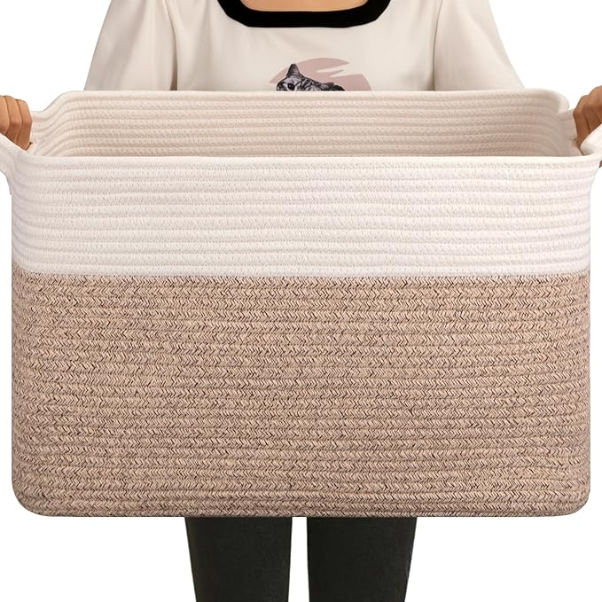 OIAHOMY Large Storage Basket, Cotton Rope Woven Blanket Basket, Toy Bin for Baby Room, Container for Blanket Storage in Living Room, 20''×16''×12'', Brown & White