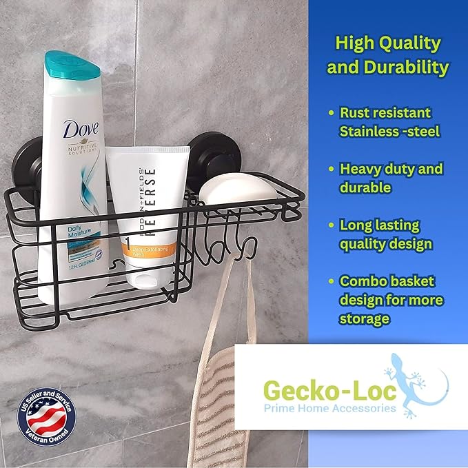Gecko-Loc Large Combo suction cup wall mount bathroom shower caddy - shampoo storage basket shelf organizer caddie bath shelves - Black