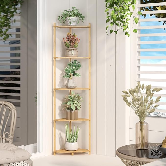 Wisuce Corner Shelf Stand - 5 Tier Natural Bamboo Small Corner Bookshelf for Office Kitchen Bedroom Plant Stand Living Room Decor Small Space